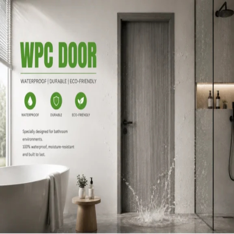 Waterproof WPC door with wood grain in modern bathroom